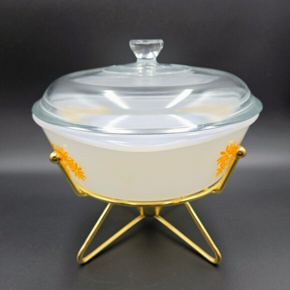 Vintage Glasbake Ovenware Yellow Daisy Casserole 514 Lid Brass Warming Stand Lid - Picture 6 of 16